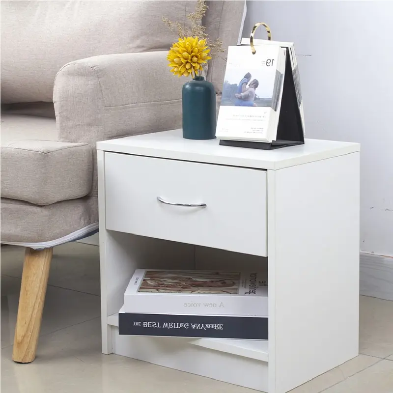 Comodino in Legno 1 Cassetto e Ripiano Inferiore Design Moderno H41cm Bianco