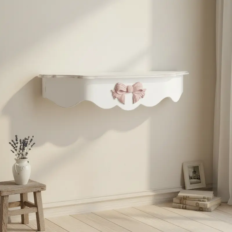 Consolle Pensile Shabby Chic con Fiocco Rosa – Legno Laccato Bianco 90 cm