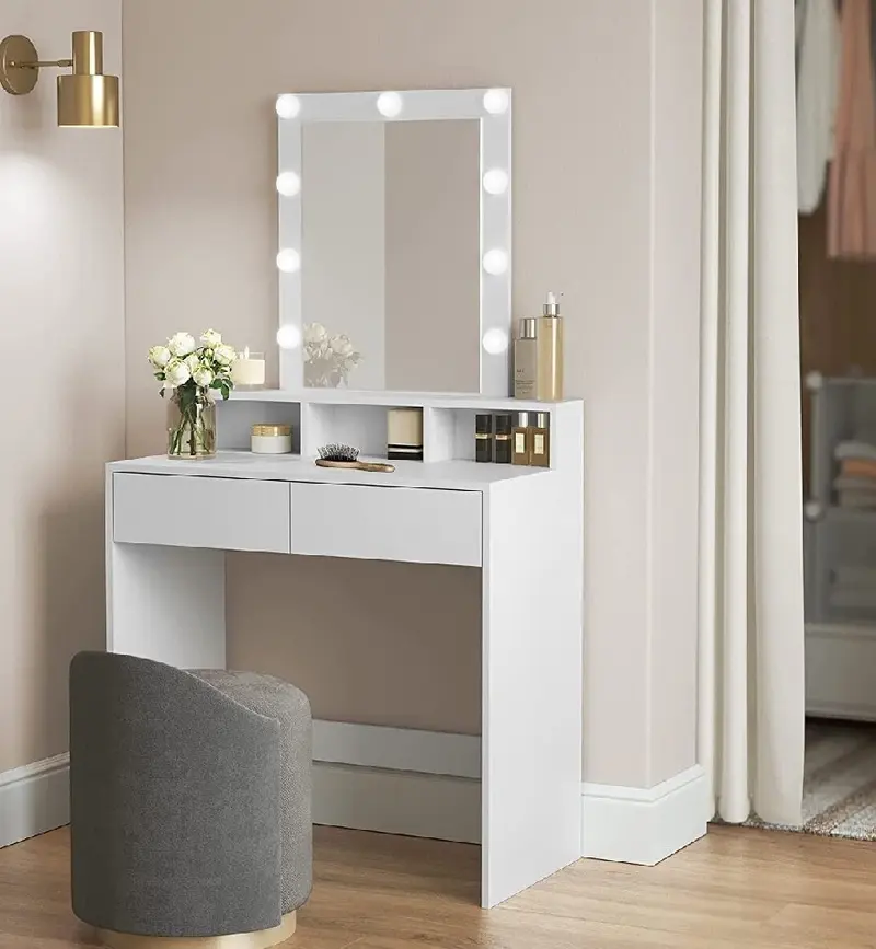 Consolle Trucco con Specchio a Led Mobile Makeup 2 Cassetti 80x40 H 140cm Luce Regolabile