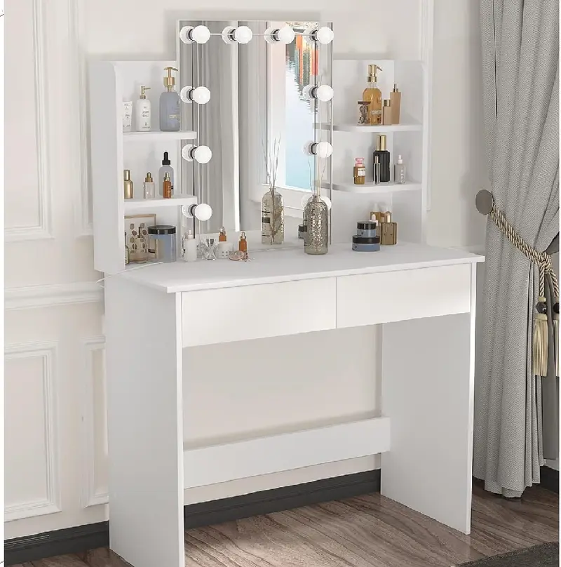 Consolle Trucco con Specchio a Led Mobile Makeup 2 Cassetti 90x40 H 144cm Luce Regolabile