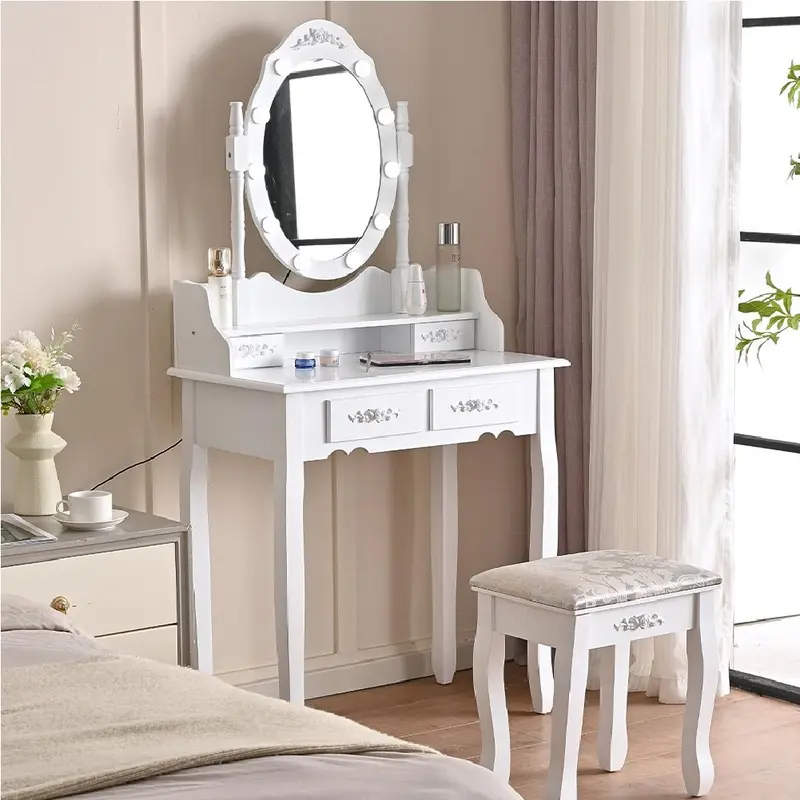Consolle Trucco Shabby Specchio e Sgabello 10Led Makeup 4Cassetti 71x40 H 149cm