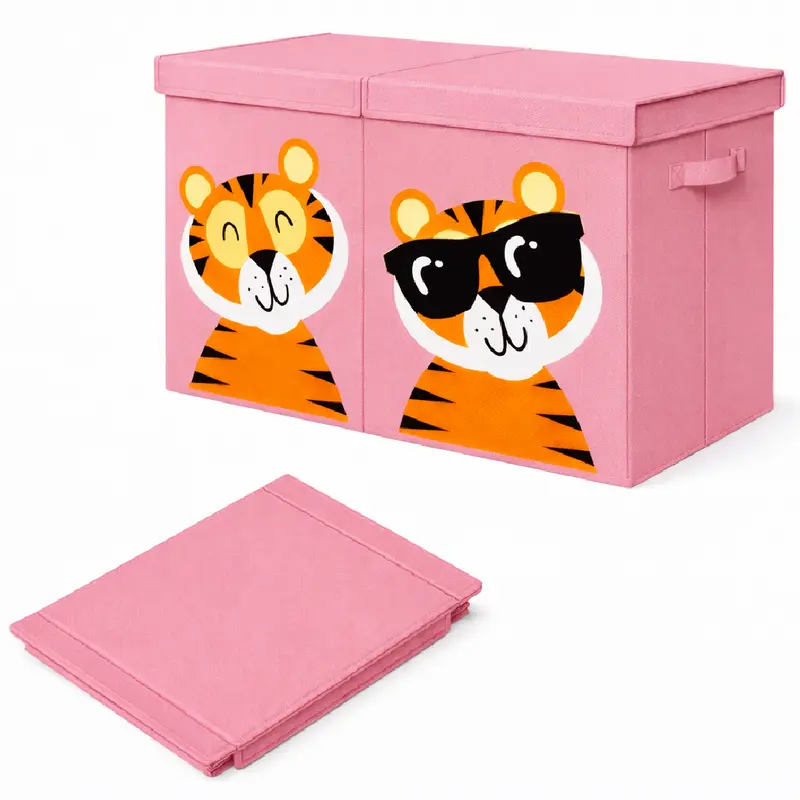 Contenitore Box 2 Scomparti Porta Giocattoli Pieghevole con Coperchio 80LT Organizer Rosa