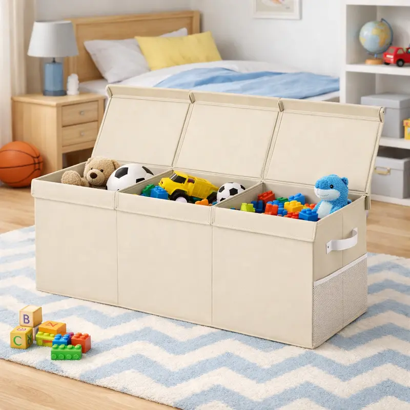 Contenitore Box 3 Scomparti Porta Giocattoli Pieghevole con Coperchio 118LT Organizer Beige