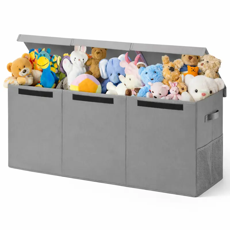 Contenitore Box 3 Scomparti Porta Giocattoli Pieghevole con Coperchio 118LT Organizer Grigio
