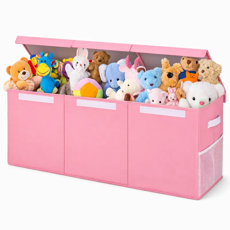 Contenitore Box 3 Scomparti Porta Giocattoli Pieghevole con Coperchio 118LT Organizer Rosa