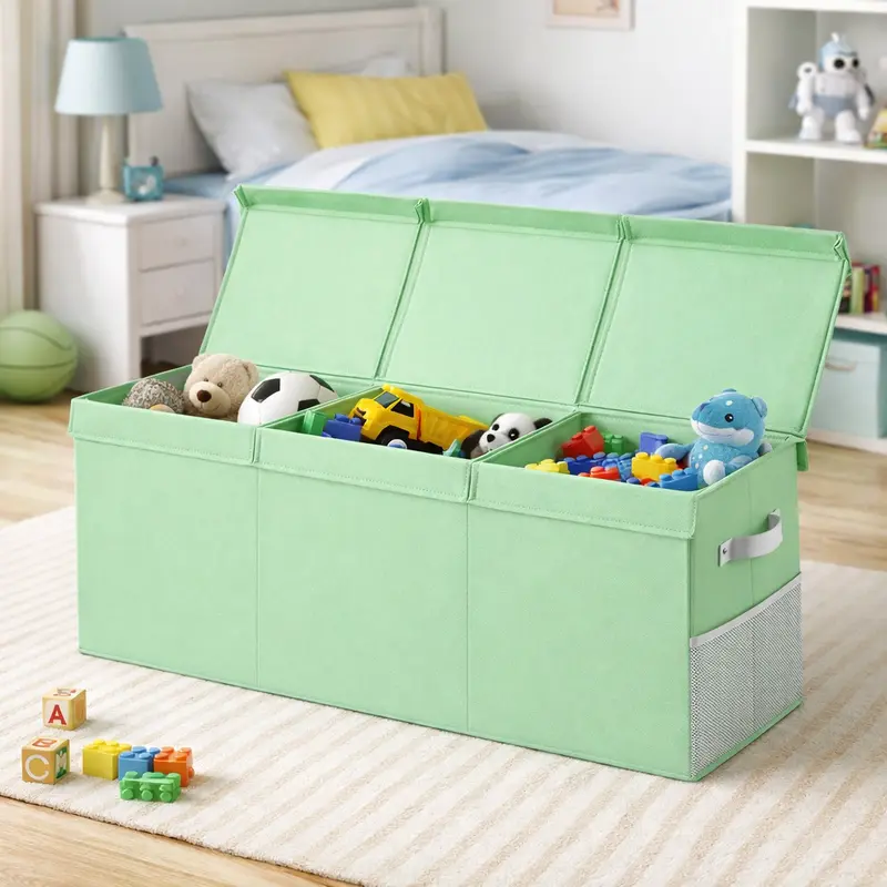 Contenitore Box 3 Scomparti Porta Giocattoli Pieghevole con Coperchio 118LT Organizer Verde