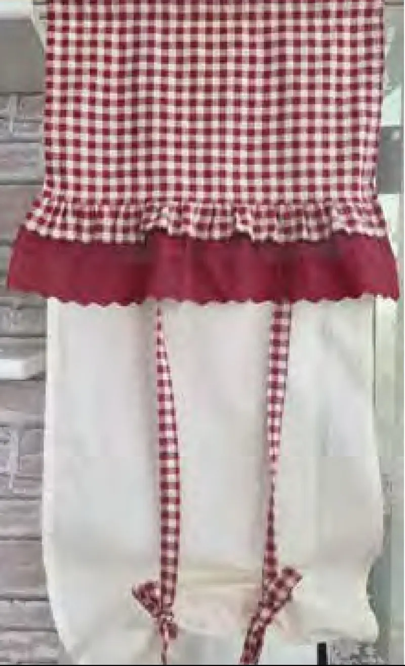 Coppia 2 Tende portafinestra Quadretti con Volant e Pizzo Stile Country Chic 60 x 240 cm