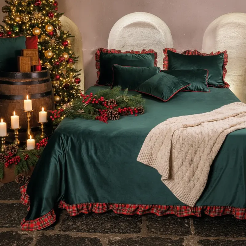 Copriletto in Velluto Verde con Balza Tartan – 260x260 cm