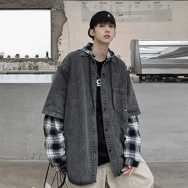 Corduroy Stitching Denim Baggy Coat