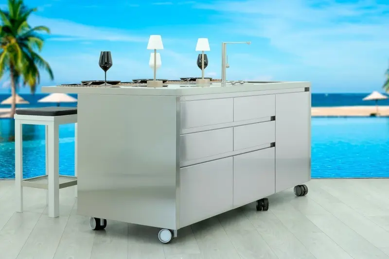 Cucina da esterno Panarea – isola inox 188×100 cm personalizzabile, 3 configurazioni preimpostate