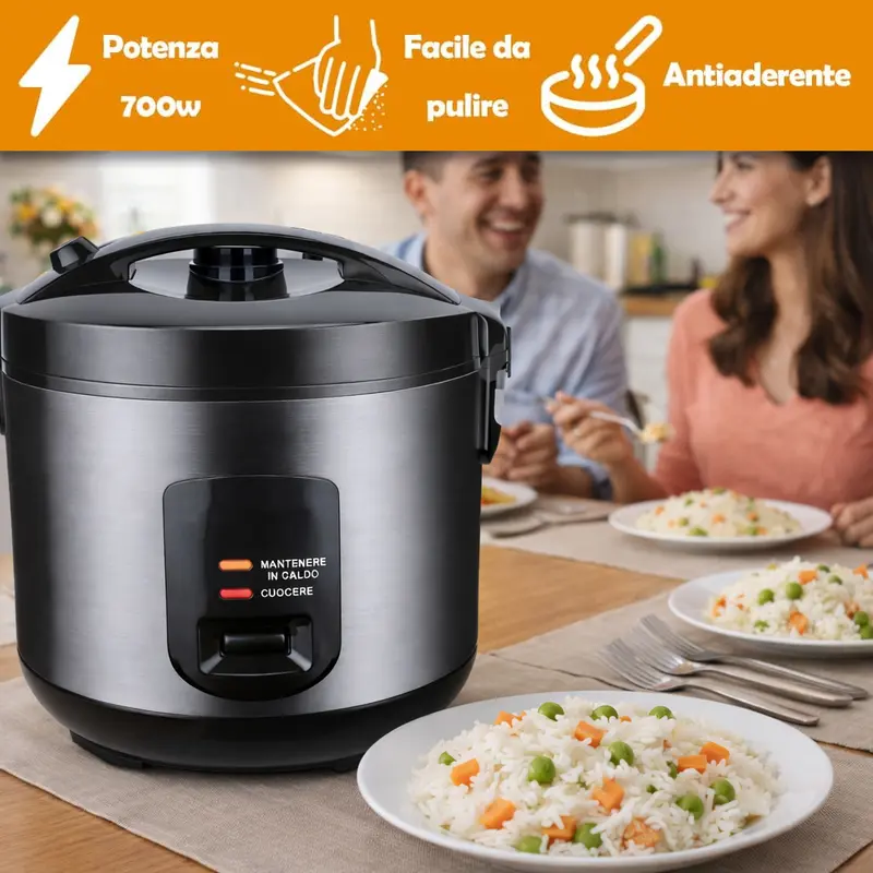 Cuociriso Elettrico 1.8LT 700W con Vaporiera Pentola Antiaderente Mantenimento Caldo