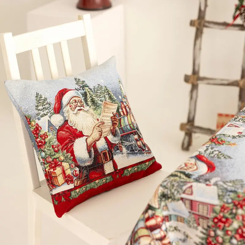 Cuscino Natalizio Babbo Natale in gobelin 40x40 cm Federa con Imbottitura Decorazione Made in Italy
