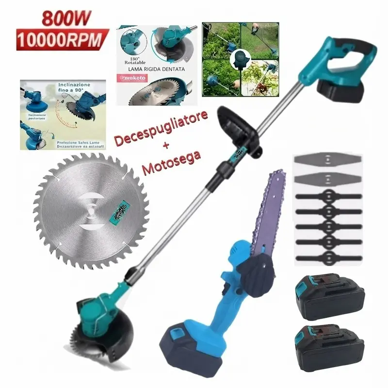 Decespugliatore Tagliaerba a Batteria + Motosega 6" 2 batterie Tagliabordi