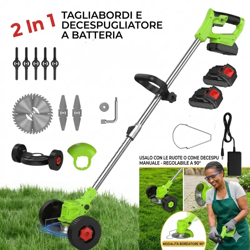 Decespugliatore Tagliaerba a Batteria Ruote 2 Batterie 48v Giardino Siepe Prato