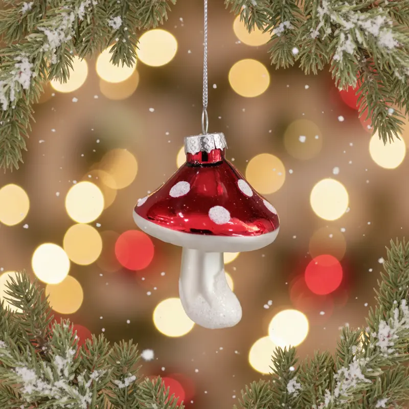 Decorazione per Albero di Natale in Vetro – Funghetto Lucido e Opaco – h 9 cm