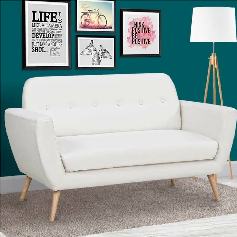 Divano 2 Posti in Tessuto Imbottito con Braccioli Bottoni 150x80x86 cm Beige