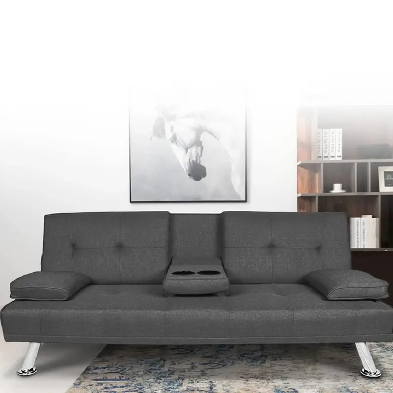 Divano 3Posti Letto Click Clack in Tessuto Grigio 156x82 H 78 cm con Cuscini