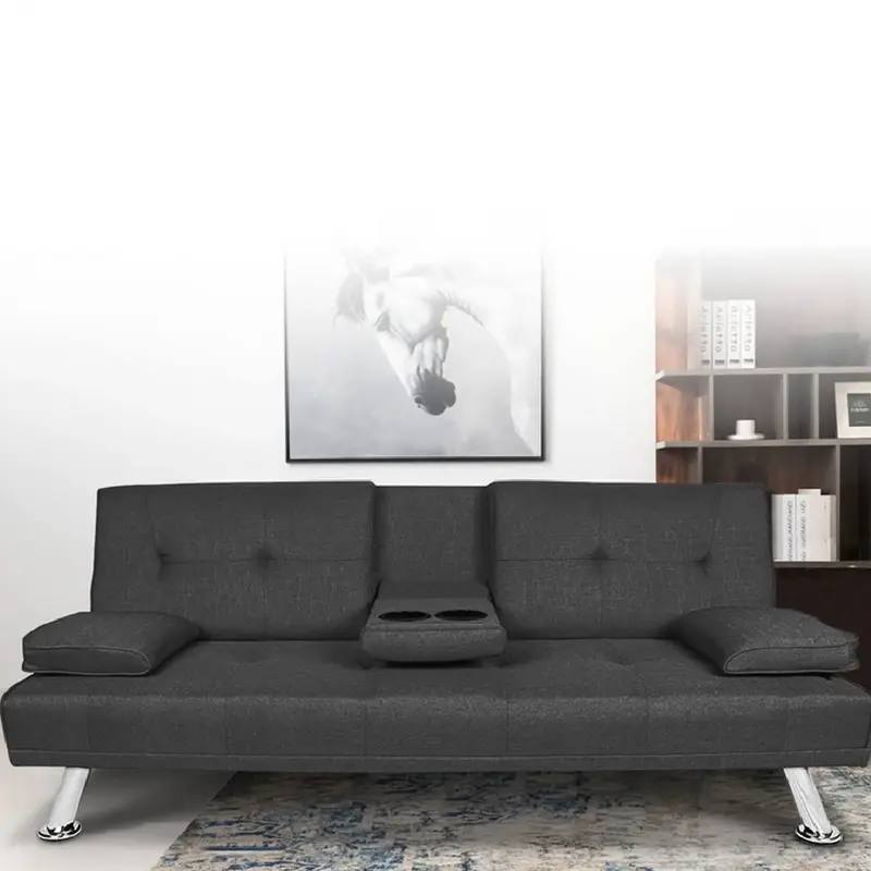 Divano 3Posti Letto Click Clack in Tessuto Grigio Scuro 156x82 H 78 cm con Cuscini