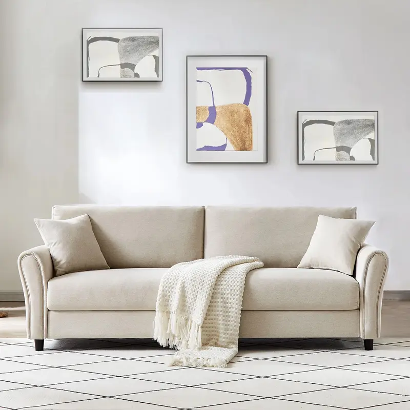 Divano 3Posti Tessuto Imbottito Relax Design Moderno 212cm Struttura Legno Beige