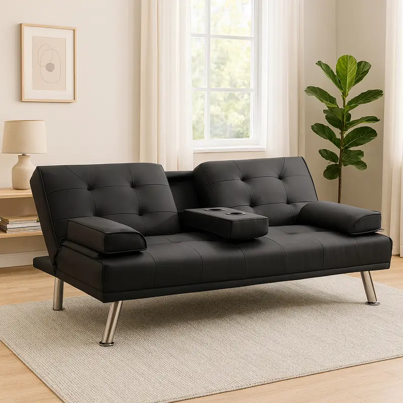 Divano Convertibile Letto 2in1 Portabibite e Cuscini Ecopelle Moderno Reclinabile Nero