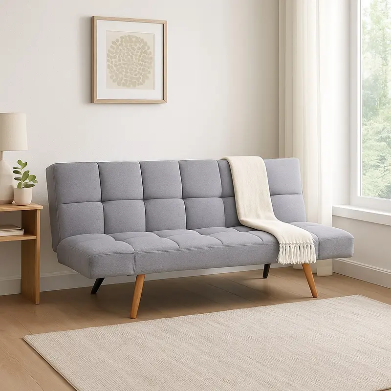 Divano Letto 2/3 Posti Click Clack in Tessuto con Braccioli Regolabili e Apertura Rapida Grigio