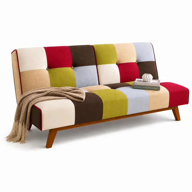 Divano Letto 2/3 Posti Click Clack in Tessuto Patchwork Reclinabile Gambe in legno