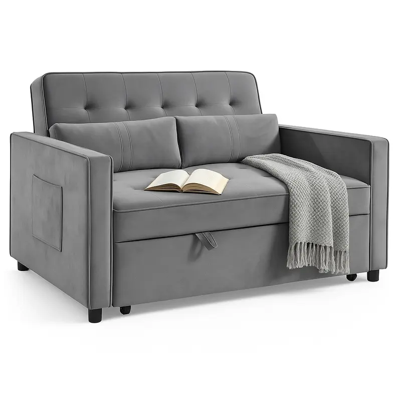Divano Letto 2 Posti in Velluto Soft con Letto Estraibile e Struttura Rinforzata Grigio