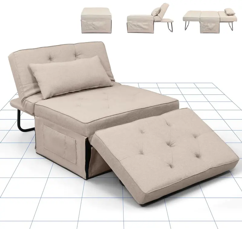 Divano Poltrona Letto 4Funzioni Pieghevole Salvaspazio Poggiapiedi Tasca Laterale Beige