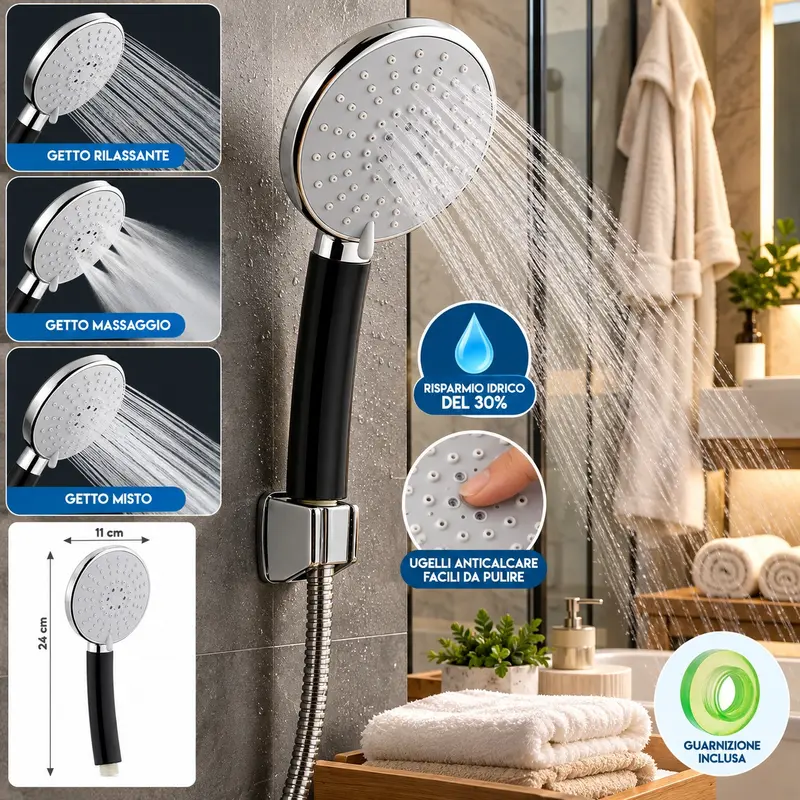Doccetta Multifunzione 3 Getti Risparmio Idrico 30% 24 cm con Ugelli Anticalcare