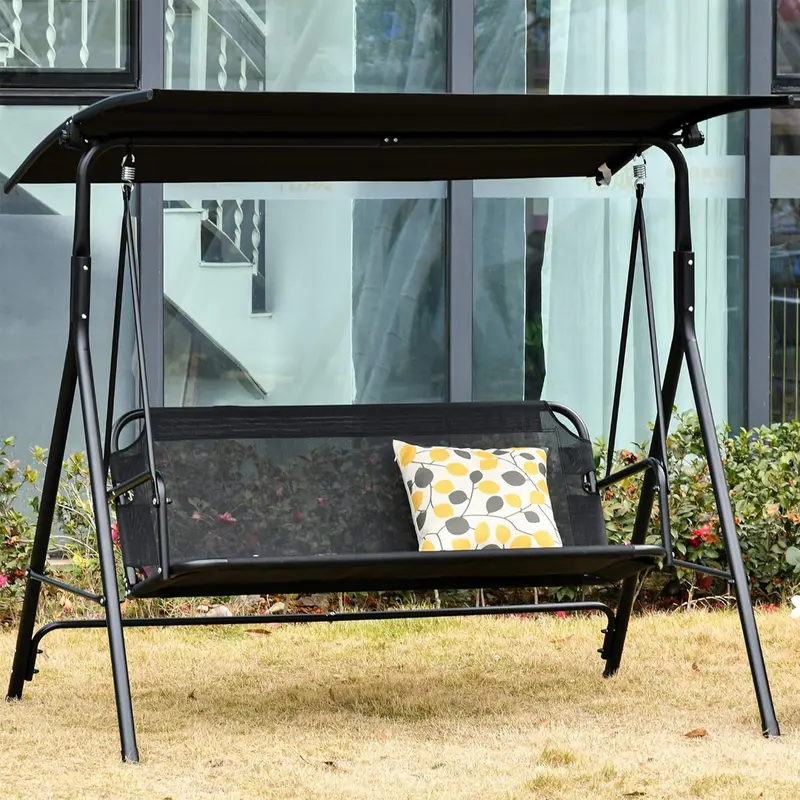 Dondolo da Giardino 3 Posti 172cm Tettuccio Regolabile Impermeabile Struttura Acciaio Nero