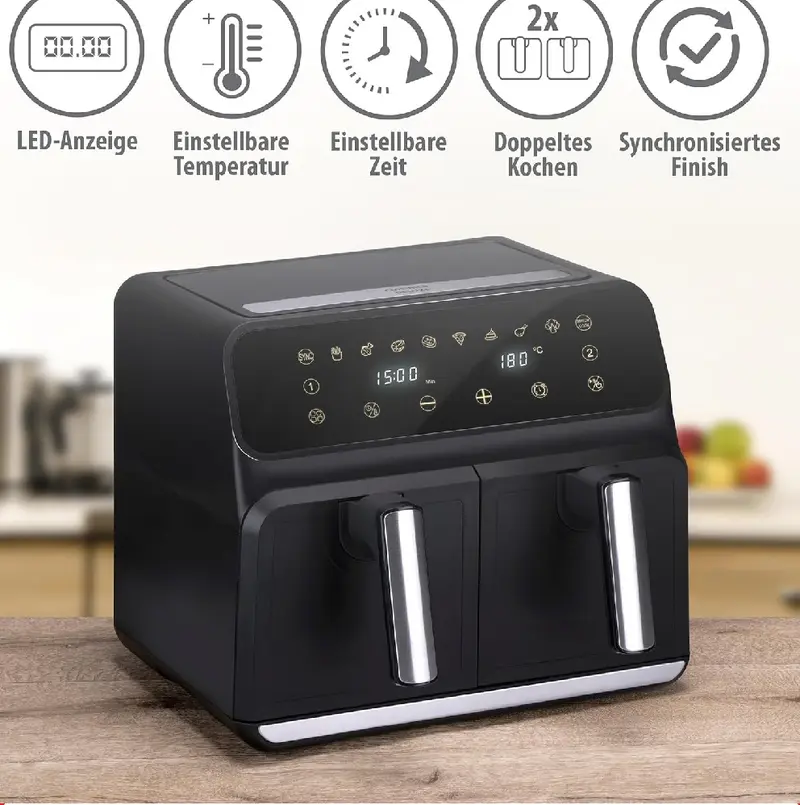 Double Air Fryer Friggitrice Aria Calda 8L Display Digitale 1700W Cottura senza Grassi