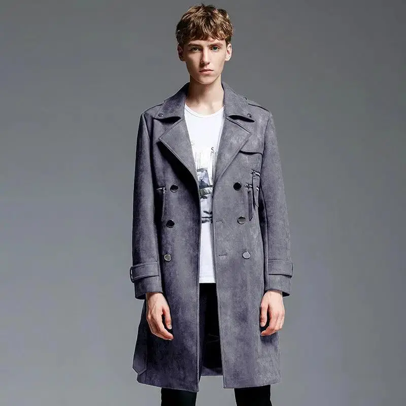 Double Breasted Suede Trench Coat For Men Mid-length Coat Plus Size
