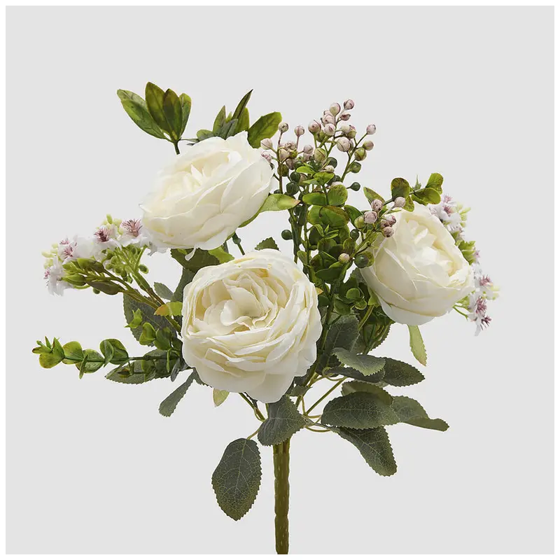 EDG Enzo de Gasperi Mazzo Cespuglio Rose avorio con foglie artificiale H40 cm