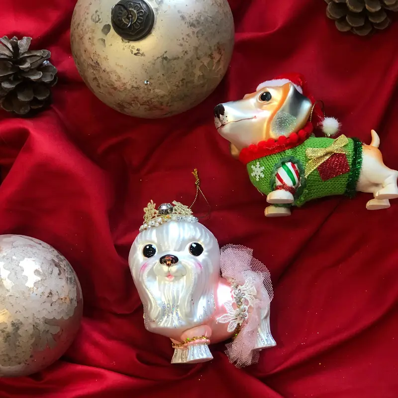 Enzo De Gasperi, cane ballerina decorazioni natalizie in vetro da appendere, h10 cm