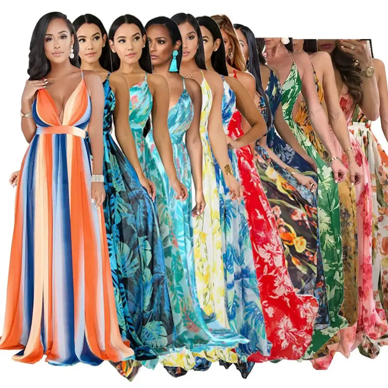 European and American deep V-neck back chiffon dress