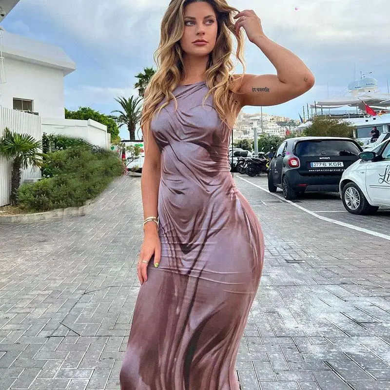 European And American Style Hot Girl Close-fitting Fashion Human Body Printing Slip Dress