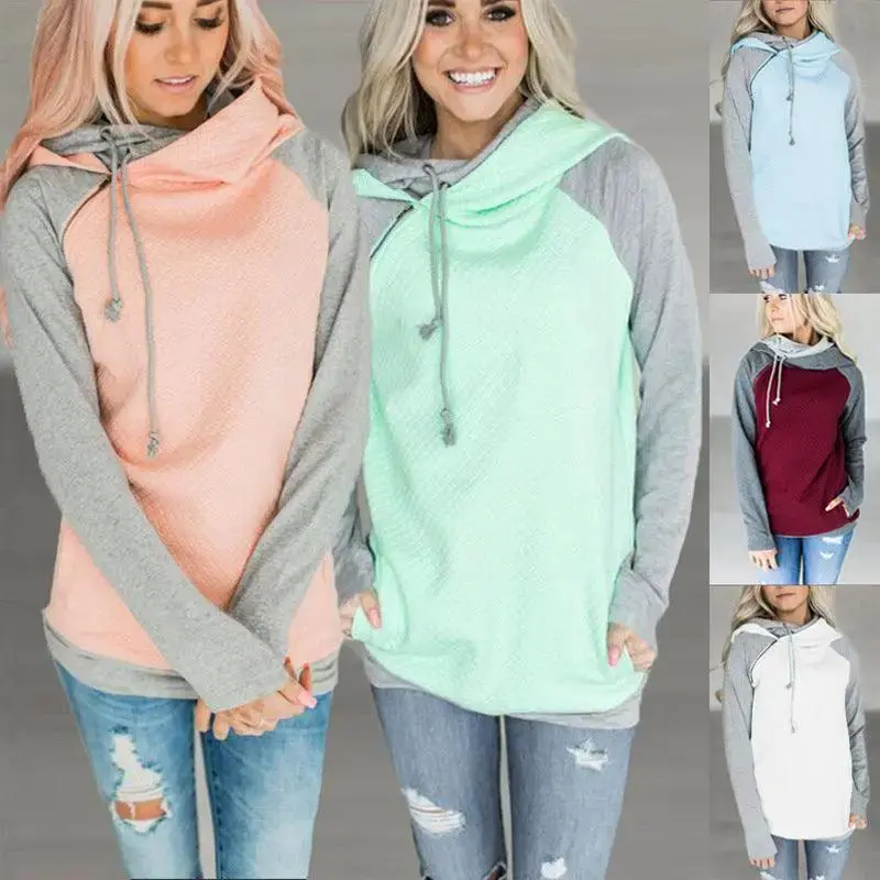Fall / Winter Hot Sale Foreign Trade Oblique Zipper Double Cap Splicing Hoodie Sweater Plaid Coat 0591