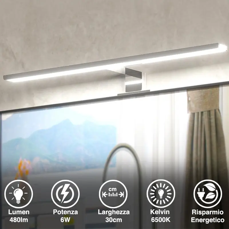 Faretto Led per Specchio da Bagno Alluminio 30cm Luce LED 6W 6500K 480lm Bianco Freddo