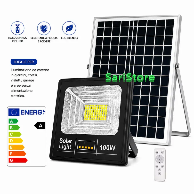 Faro Led 100W Faretto Luce Pannello Fotovoltaico Solare Batteria Ricaricabile