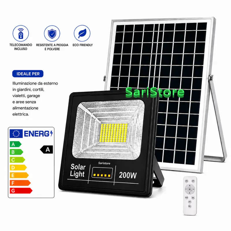 Faro Led 200W Faretto Luce Pannello Fotovoltaico Solare Batteria Ricaricabile