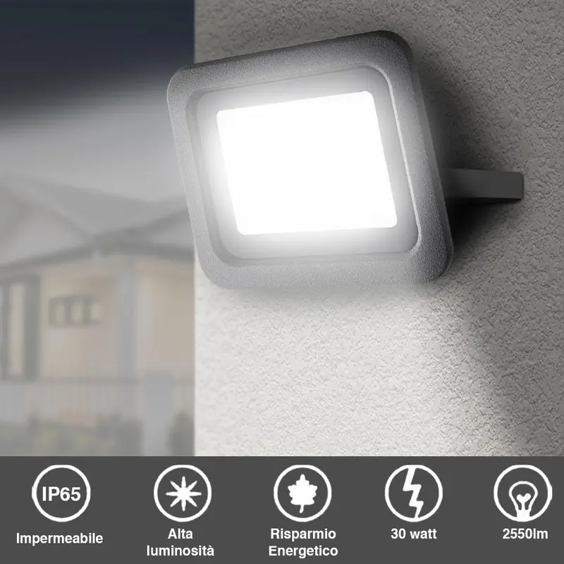 Faro LED 30W 2550LM IP65 Faretto Esterno Slim Luce Bianco Freddo 6500K Alta Luminosità