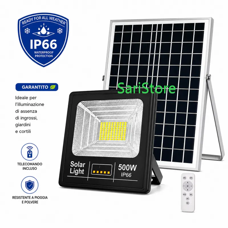 Faro Led 500W Faretto Luce Pannello Fotovoltaico Solare Batteria Ricaricabile