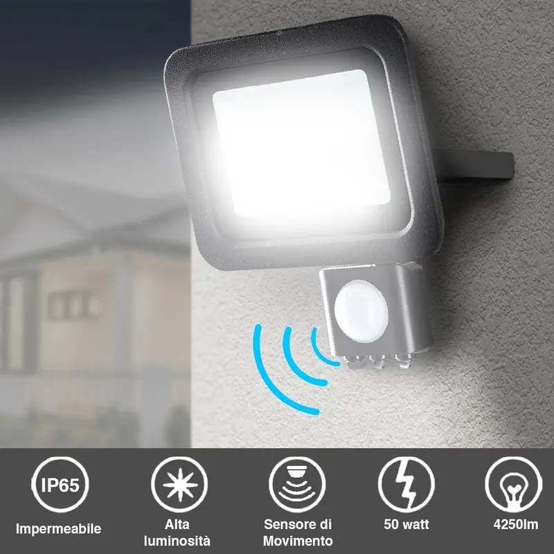 Faro LED 50W Luce Alta Luminosità 4250LM Faretto Esterno Sensore Movimento