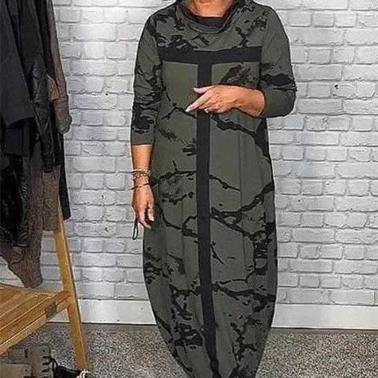 Fashion Multicolor Printing Stand Collar Long Sleeve Dress