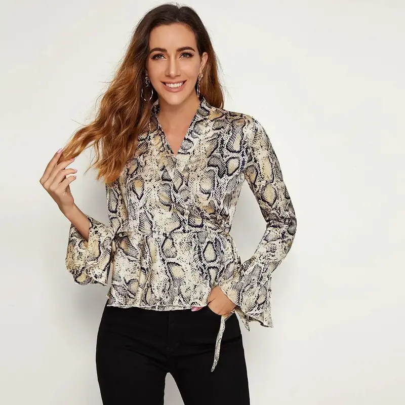 Fashion snakeskin lace-up flared sleeve top