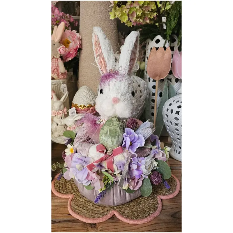 Fiori di Lena Puffo con Coniglio pasquale in paglia D24xH45 cm 2 varianti(1 unità)