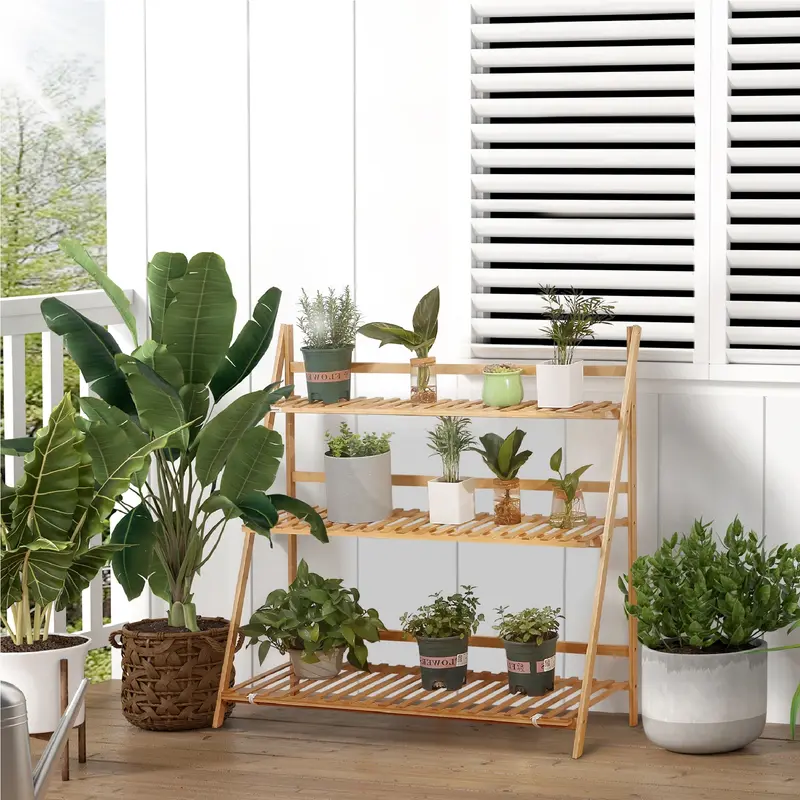Fioriera Bambu Scaffale Espositore Pieghevole 3 Livelli Per Piante 70x40x97 cm