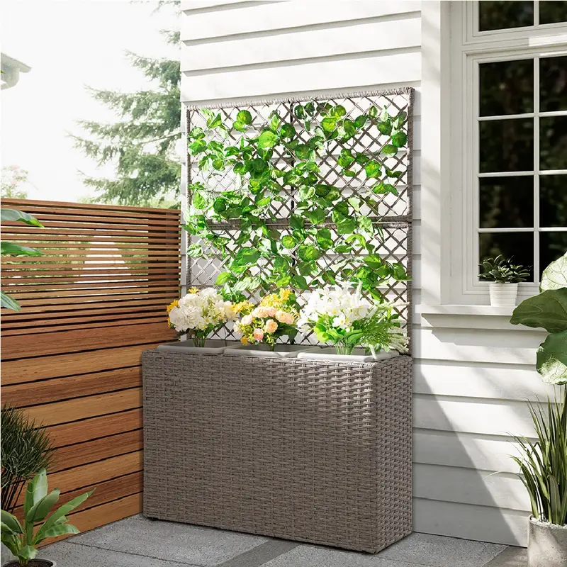 Fioriera da Giardino Polyrattan con 3vasi Estraibili per Balconi e Terrazzi Crema
