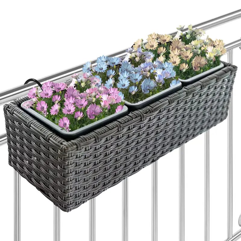 Fioriera Vaso da Terrazzo Ringhiera Giardino Esterno Balcone in Rattan 3 Scomparti