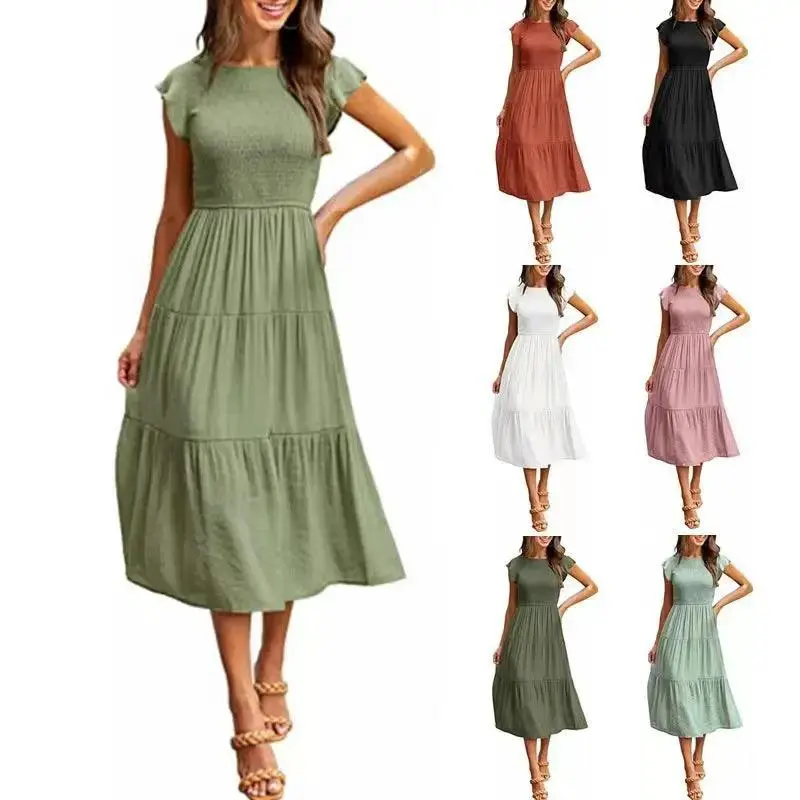 Flying Sleeve Pleated Layered Short Large Swing Dress For Women